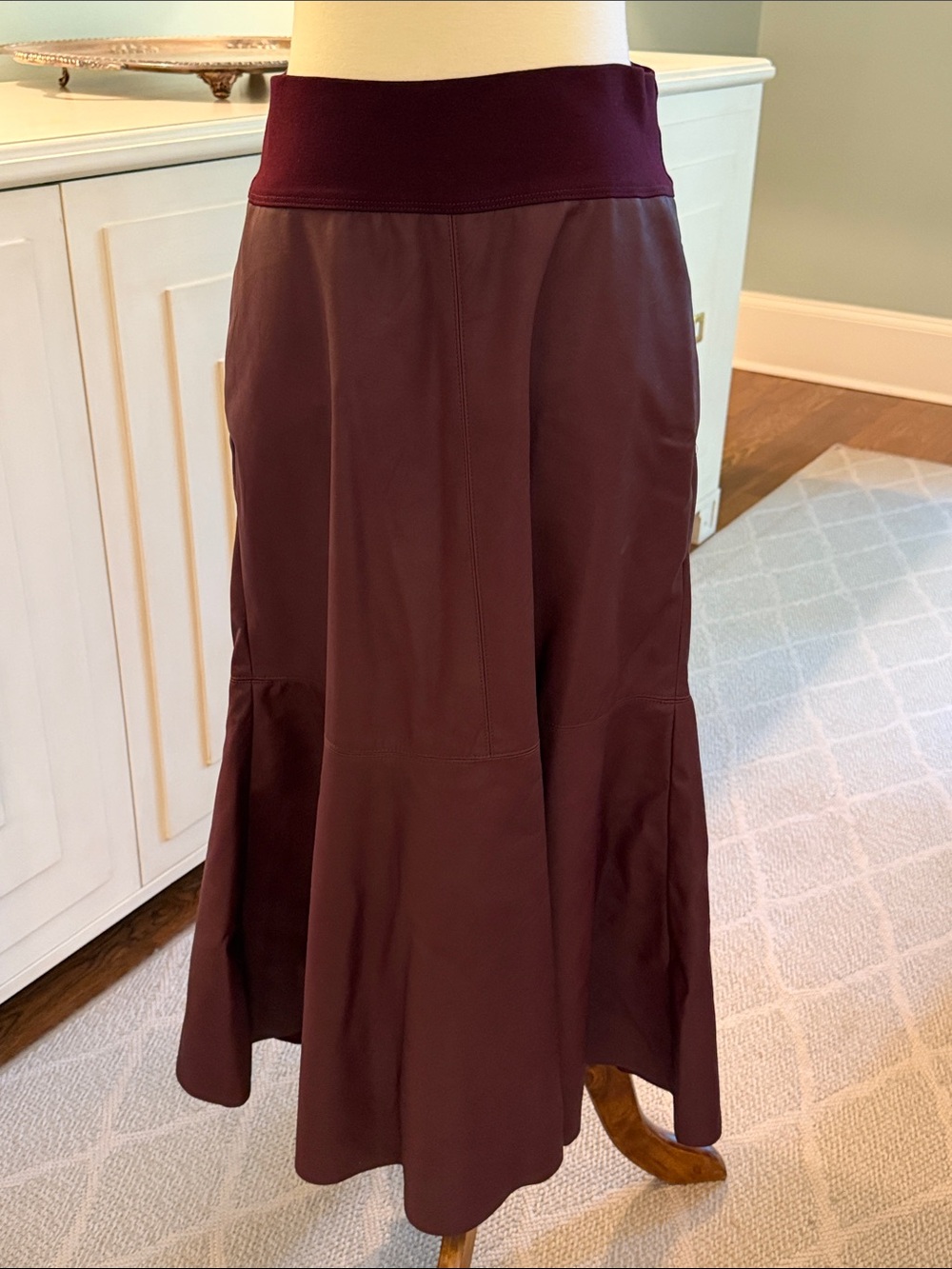 European Culture Women’s Burgundy Flared Pleather Midi Skirt